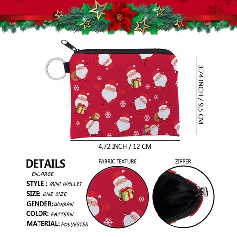 Mini Porte-monnaie de Noël en Polyester Imprimé Père Noël Sac de Rangement Étanche à Fermeture Éclair Porte-clés Cadeau