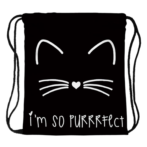 Cute Cat Print Drawstring Bag Black Polyester Waterproof Travel Storage Backpack With Letter Pattern For Men Women