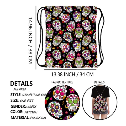 Mexicaanse Suikerschedel Rugzak Met Koord Polyester Dag Van De Doden Bloemen Reis Opbergtas Lichtgewicht Unisex