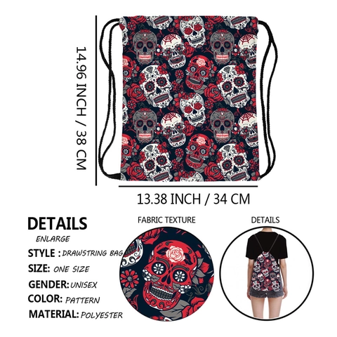 Mexikanischer Zuckerschädel Rose Blume Druck Rucksack Mit Kordelzug Polyester Cinch Tasche Tag Der Toten Halloween Reise Aufbewahrung