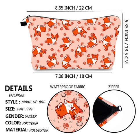 Waterdichte Polyester Cosmetische Tas Schattige Cartoon Corgi Hond Patroon Draagbare Reis Toiletartikelen Rits Opbergtas Voor Vrouwen