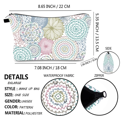 Waterproof Mandala Print Cosmetic Bag Polyester Travel Toiletry Makeup Storage Pouch Zipper Portable Handbag For Women