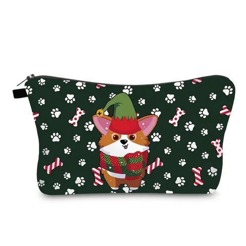 Christmas Corgi Pattern Makeup Bag Dark Green Polyester Travel Cosmetic Pouch Zipper Toiletry Organizer For Women Girls