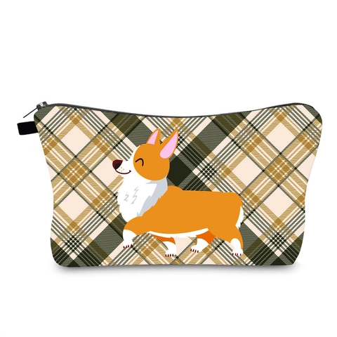 Waterproof Corgi Dog Print Makeup Bag Polyester Plaid Travel Cosmetic Organizer Wash Bag For Women Travel Storage Pouch