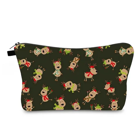 Christmas Cartoon Reindeer Print Makeup Bag Durable Polyester Sponge Lining Portable Travel Toiletry Pouch Zip Closure Holiday Storage Bag For Women