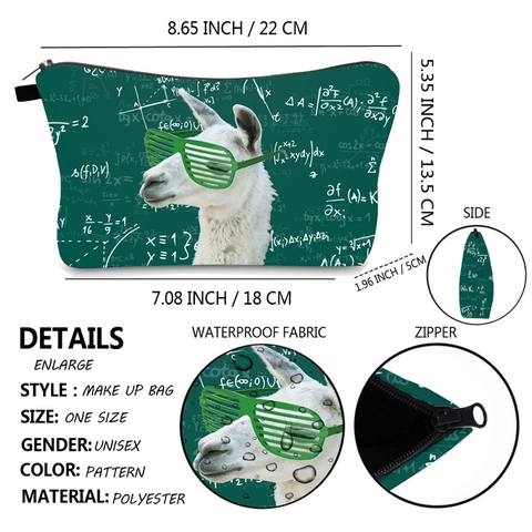 Waterproof Polyester Cosmetic Bag Funny Alpaca Math Formula Print Travel Toiletry Makeup Organizer Pouch For Women Students