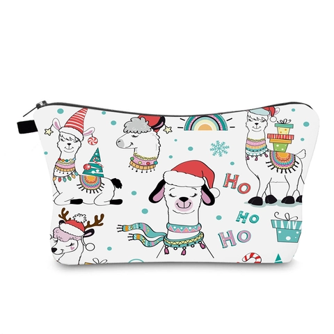 Portable Christmas Llama Print Makeup Bag Water-Repellent Polyester Travel Toiletry Storage Clutch Bag For Women
