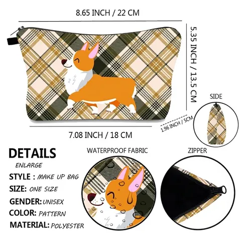 Waterproof Corgi Dog Print Makeup Bag Polyester Plaid Travel Cosmetic Organizer Wash Bag For Women Travel Storage Pouch