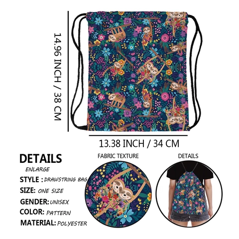 Lässiger Turnbeutel Mit Faultier Blumenmuster Polyester Wasserdichter Reise Rucksack Für Damen Outdoor Sport Beutel