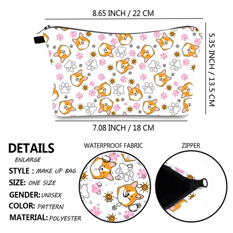 Cartoon Corgi Printed Waterproof Makeup Bag Polyester Travel Toiletry Organizer Portable Zippered Pouch Handbag For Women
