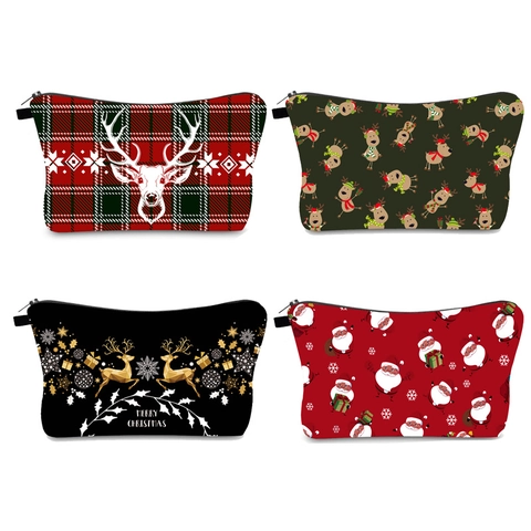 Christmas Printed Cosmetic Bag For Women Polyester Travel Makeup Organizer Toiletry Bag With Zipper Closure Holiday Gift