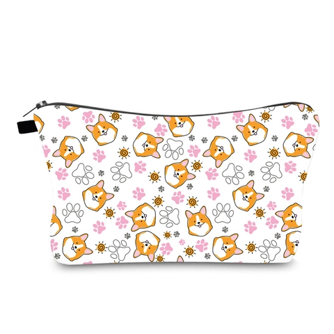 Cartoon Corgi Printed Waterproof Makeup Bag Polyester Travel Toiletry Organizer Portable Zippered Pouch Handbag For Women