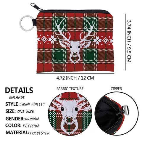Kerstmis Rendier Ruit Patroon Mini Muntportemonnee Voor Dames Polyester Waterdichte Opbergtas Met Sleutelhanger