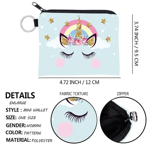 Polyester Einhorn Druck Münzbörse Regenbogen Stern Muster Mini Reißverschluss Brieftasche Mit Schlüsselanhänger Geldbeutel Für Kinder
