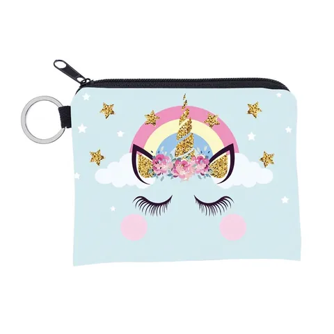 Polyester Einhorn Druck Münzbörse Regenbogen Stern Muster Mini Reißverschluss Brieftasche Mit Schlüsselanhänger Geldbeutel Für Kinder