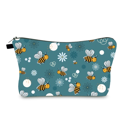 Bolsa de Maquillaje de Poliéster Resistente al Agua para Mujer Estampado de Abeja y Margarita Organizador de Viaje