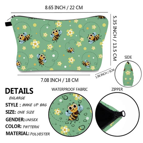 Linda Bolsa de Cosméticos con Estampado de Abejas de Dibujos Animados Impermeable Poliéster Bolsa de Aseo de Viaje Organizador Mujer