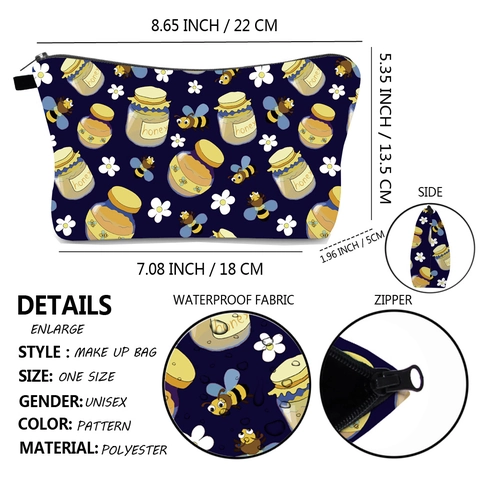 Water Resistant Polyester Makeup Bag With Honey Bee Flower Print Women Travel Toiletry Organizer Portable Zipper Pouch