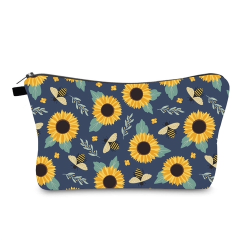 Trousse de Maquillage en Polyester Imperméable Imprimé Tournesol Abeille Sac de Rangement de Voyage Portable à Fermeture Éclair Femmes
