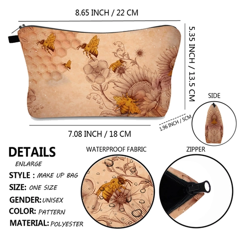 Vintage Bijen Bloemenprint Cosmeticatas Waterbestendig Polyester Rits Make-up Tas Reis Toilettas Handtas Voor Vrouwen