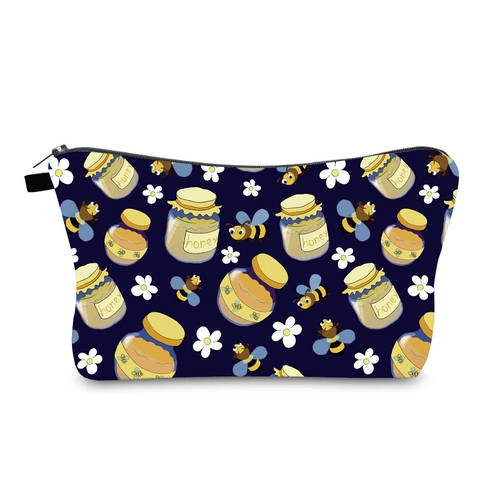 Water Resistant Polyester Makeup Bag With Honey Bee Flower Print Women Travel Toiletry Organizer Portable Zipper Pouch