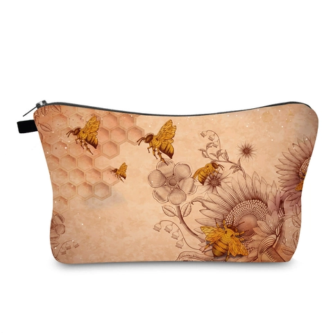 Vintage Bijen Bloemenprint Cosmeticatas Waterbestendig Polyester Rits Make-up Tas Reis Toilettas Handtas Voor Vrouwen