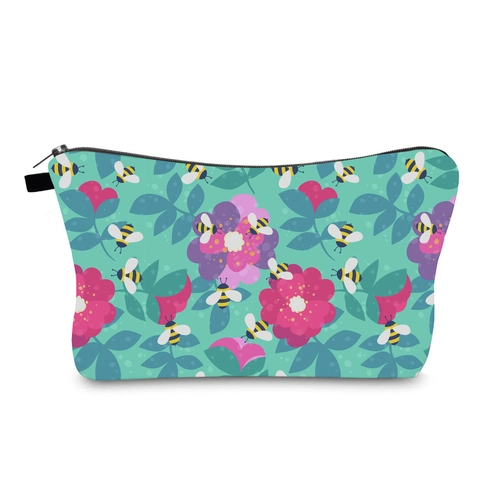 Waterproof Polyester Makeup Bag With Bee Floral Print Travel Toiletry Organizer Handbag Portable Wash Bag For Women