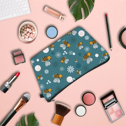 Bolsa de Maquillaje de Poliéster Resistente al Agua para Mujer Estampado de Abeja y Margarita Organizador de Viaje