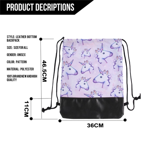 Women's Unicorn Emoji Printed Drawstring Backpack PU Leather Bottom Lavender Polyester Cinch Bag For Travel Gym Daily