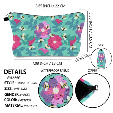 Waterproof Polyester Makeup Bag With Bee Floral Print Travel Toiletry Organizer Handbag Portable Wash Bag For Women