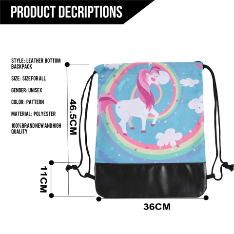 Unicorn Rainbow Printed Sky Blue Drawstring Backpack For Women Girls Cute Cartoon Polyester Water Resistant Travel Sport Bag