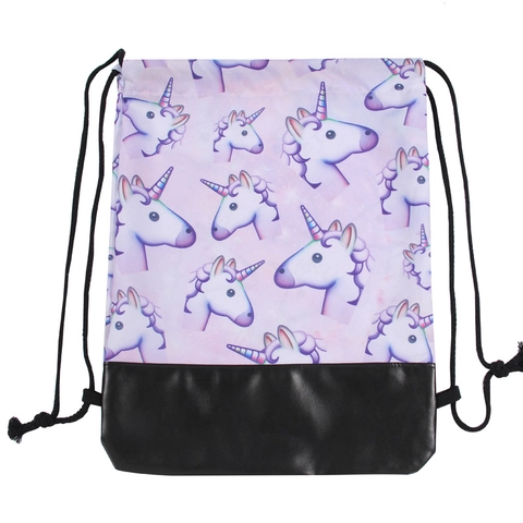 Women's Unicorn Emoji Printed Drawstring Backpack PU Leather Bottom Lavender Polyester Cinch Bag For Travel Gym Daily