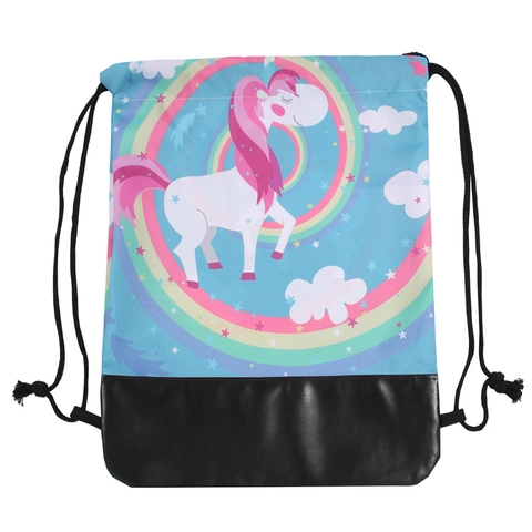 Unicorn Rainbow Printed Sky Blue Drawstring Backpack For Women Girls Cute Cartoon Polyester Water Resistant Travel Sport Bag