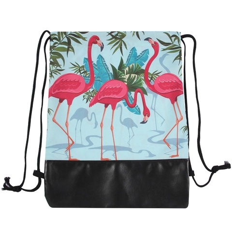 Women's Tropical Flamingo Print Drawstring Backpack Polyester Bag With PU Bottom Light Blue Casual Travel Storage Sackpack
