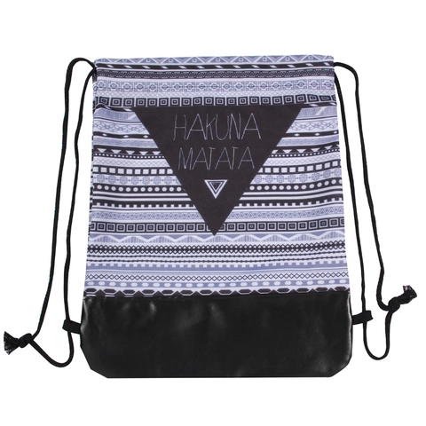 Women Geometric Ethnic Print Drawstring Backpack Splicing PU Leather Bottom Polyester Water Repellent Casual Travel Bag
