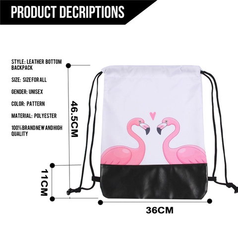 Flamingo Heart Print Drawstring Backpack With PU Bottom Polyester Cinch Bag For Women Daily Casual Travel Storage Sport Bag