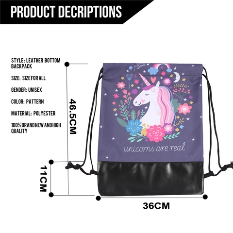Unicorn Floral Print Drawstring Backpack For Women Girls Waterproof Polyester PU Bottom Cinch Sack Gym Bag Storage Bag