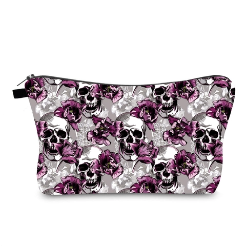 Trousse de Maquillage Portable Imprimé Crâne et Fleurs en Polyester Organisateur de Voyage pour Femmes Halloween Style Gothique