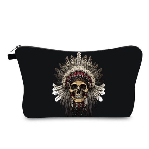 Indian Skull Print Waterproof Polyester Makeup Bag Zipper Travel Toiletry Storage Pouch Women Handbag Bohemian Style