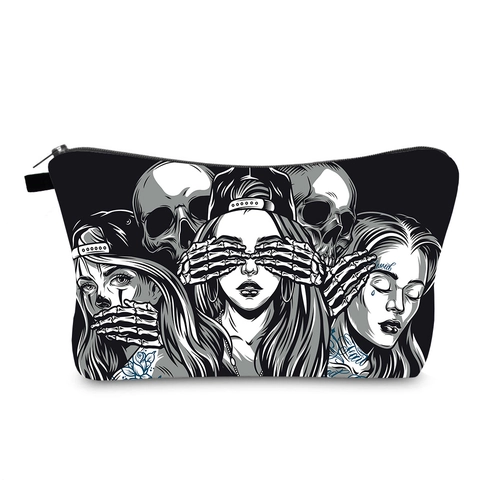 Trousse à Maquillage Imprimé Crâne Gothique Hydrofuge en Polyester Femme Trousse de Toilette Organisateur Cosmétique Pochette Sac de Voyage