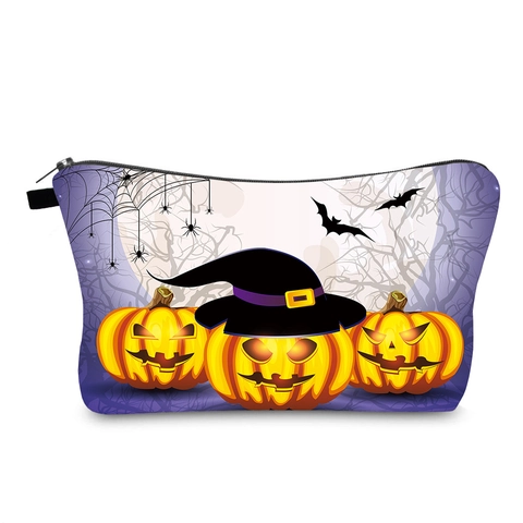 Trousse Maquillage Halloween Imperméable Polyester Avec Imprimé Citrouille Chapeau Sorcière Sac Rangement Voyage Portable Femmes