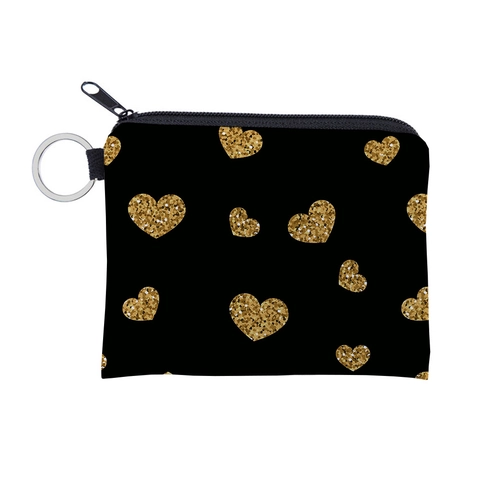 Mini Monedero de Poliéster Con Patrón de Corazón de Brillo Dorado Cartera Con Cremallera Llavero Mujer Viaje