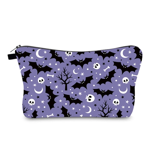 Halloween Make-up Tas Paars Polyester Waterdicht Cosmetische Pouch Vleermuis Schedel Print Reizen Toilettas Voor Dames