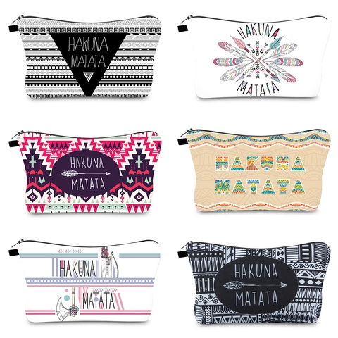 Women Printed Polyester Waterproof Cosmetic Bag Travel Portable Toiletry Storage Pouch Tribal Geometric Makeup Organizer