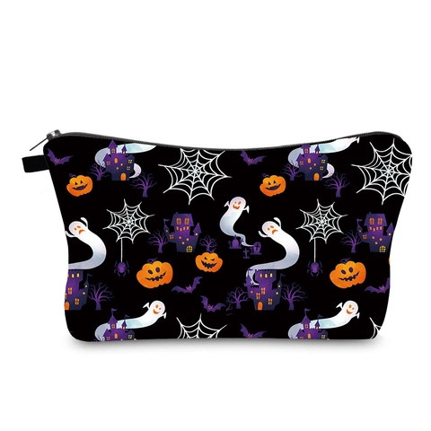 Trousse de Maquillage Halloween Imperméable Polyester Fermeture Éclair Sac de Toilette Portable Organisateur de Cosmétiques Fantôme Citrouille Imprimé Voyage Femme