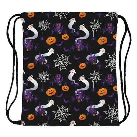 Sac à Cordon d'Halloween Sac à Dos en Polyester Imperméable Sac de Rangement Portable Imprimé Citrouille Fantôme pour Voyage Fête