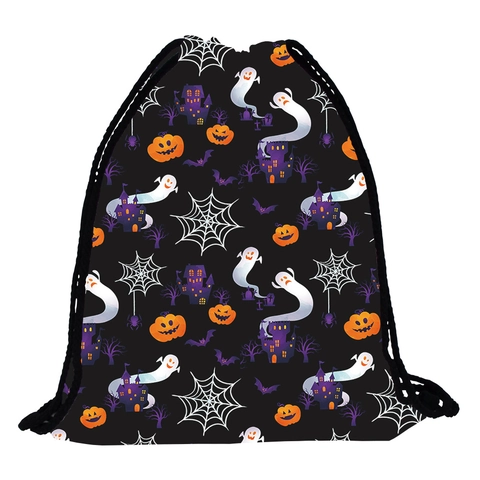 Sac à Cordon d'Halloween Sac à Dos en Polyester Imperméable Sac de Rangement Portable Imprimé Citrouille Fantôme pour Voyage Fête