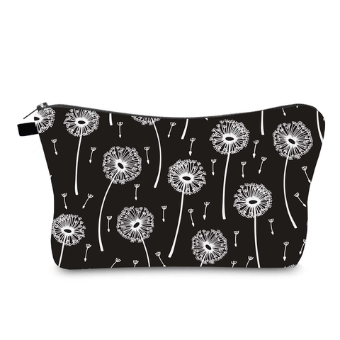 Waterdichte Polyester Paardenbloem Print Make-uptas Voor Vrouwen Draagbare Reis Toilettas Opberg Organizer Zwart Wit