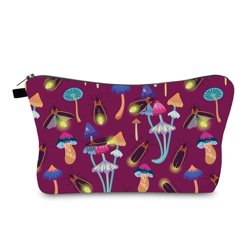 Waterproof Polyester Mushroom Pattern Makeup Bag Portable Travel Cosmetic Storage Pouch Zippered Wash Bag For Women