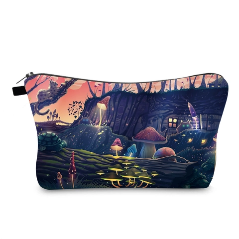 Fantasy Mushroom Cat Forest Print Polyester Makeup Bag Portable Travel Toiletry Storage Pouch Cosmetic Organizer For Women